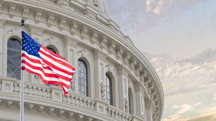 Washington DC Capitol dome detail with waving american flag