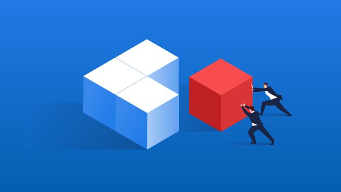 Merging; two merchants push the red squares and other squares together