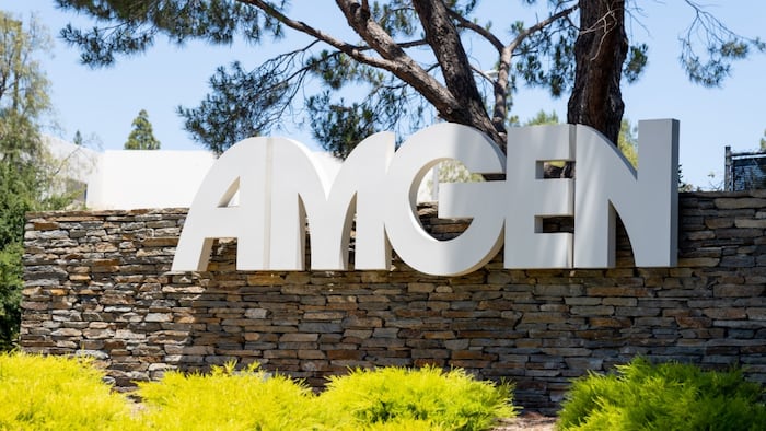 Close up of Amgen sign at its headquarters in Thousand Oaks, California, USA