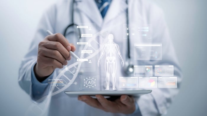 Medical worker with high-technology icons.