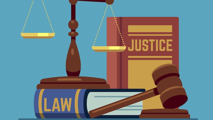 Justice scales and wood judge gavel. Wooden hammer with law code books. Legal and legislation authority vector concept. Justice law judgment, hammer and punishment illustration