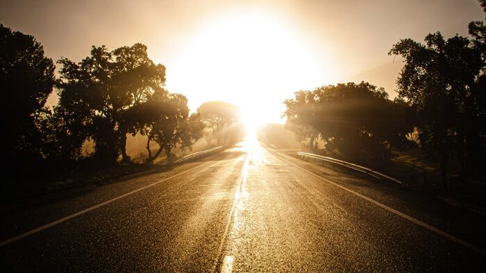 Tar road with sun ahead