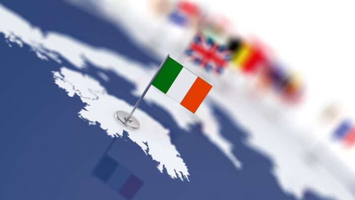 Ireland flag in the focus. Europe map with countries flags. Shallow depth of field 3d illustration rendering isolated on white background