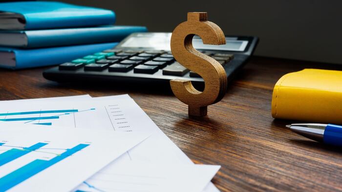 Success in investing and earning concept. Dollar sign and financial report.