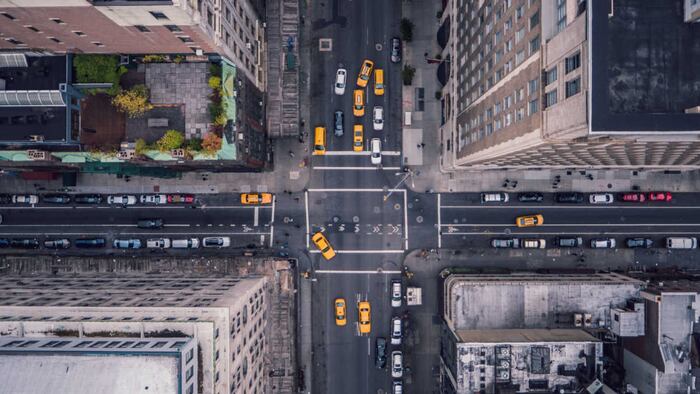view of NYC intersection from above