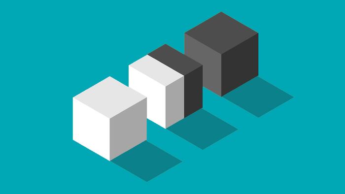 Isometric double cube between white and black. Negotiation, diplomacy, cooperation, conflict and merging concept.