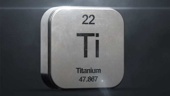 Titanium element from the periodic table. Metallic icon 3D rendered with nice lens flare 3D render - Illustration