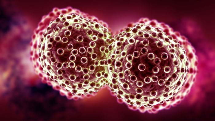 Digital illustration of lung cancer cells in color background