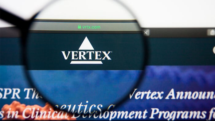 Los Angeles, California, USA - 28 February 2019: Vertex Pharmaceuticals website homepage. Vertex Pharmaceuticals logo visible on display screen, Illustrative Editorial - Image