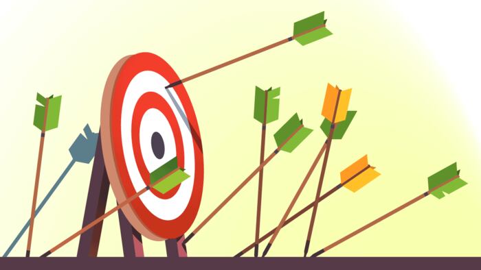 Many arrows missed hitting target mark. Shot miss. Multiple failed inaccurate attempts to hit archery target. Business challenge failure metaphor. Flat cartoon isolated vector object illustration