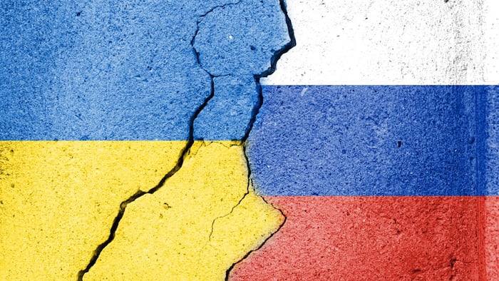 Ukraine Russia Flags Cracked Surface