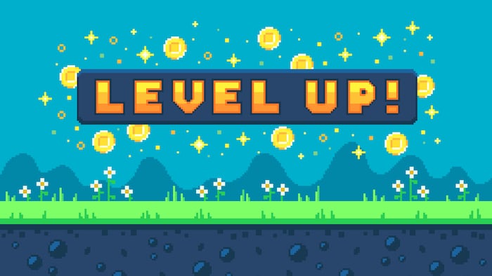 Pixel art design with outdoor landscape background. Colorful pixel arcade screen for game design. Banner with button level up. Game design concept in retro style. Vector illustration.