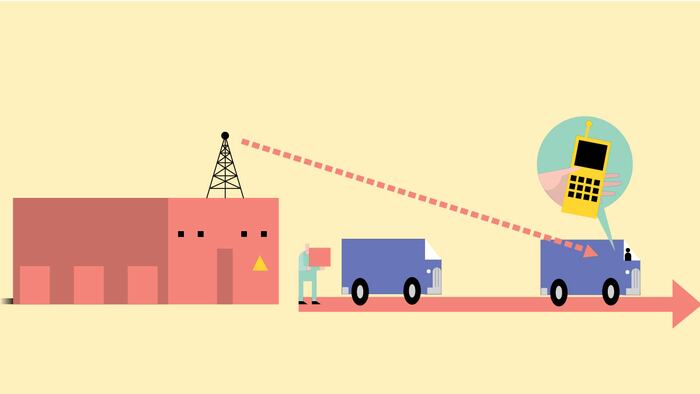 Delivery trucks are in contact with the warehouse in an illustration about shipping