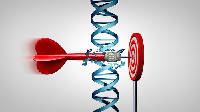 Genetic breakthrough and medical gene therapy treatment discovery concept as a dart hitting a target by breaking a double helix representing genes as a 3D illustration.
