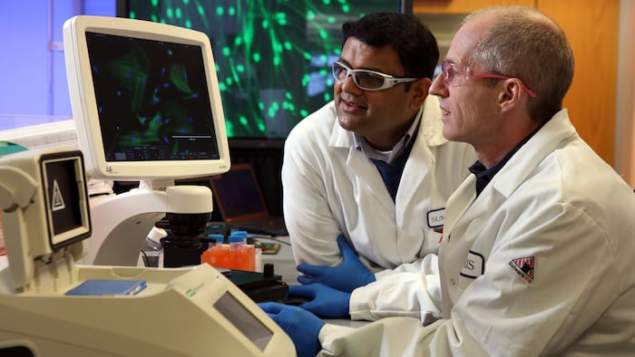 scientists doing lab research on digital screen