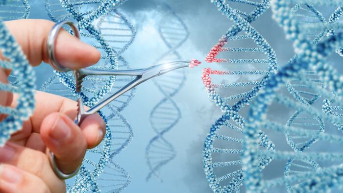 Hand inserts a molecule into DNA concept design.