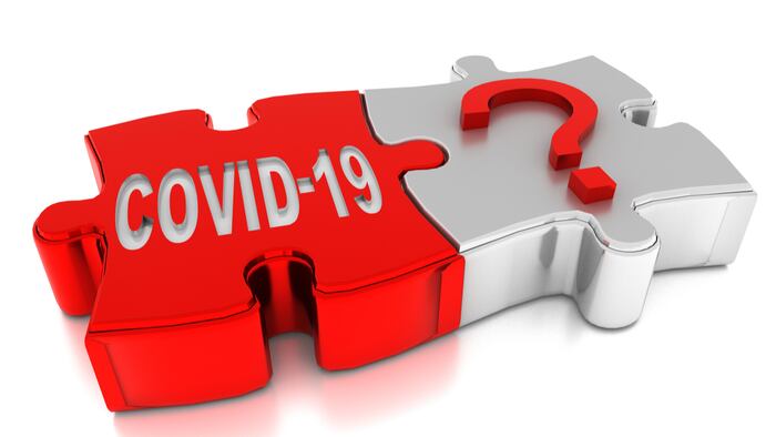 covid-19 covid19 coronavirus puzzle and question mark ask future next step, next day, solution background - 3d rendering