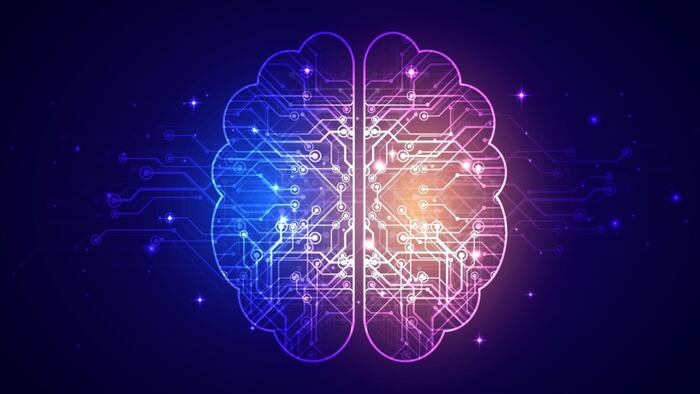 Abstract digital technology brain futuristic, AI Artificial intelligence blue background, Cyber science health tech