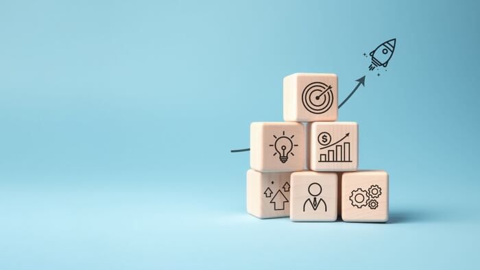 Rocket launching from wood cube with business icon, Start-up, Creativity, Big idea, Business goals management, Investment
