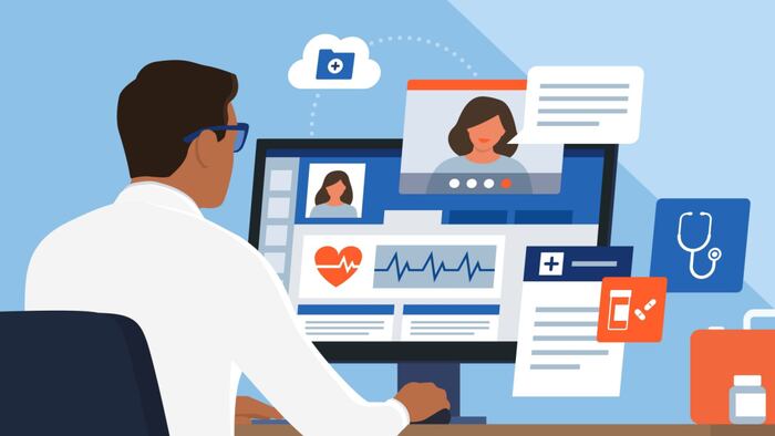 A drawing of a doctor consulting a patient online, wiht her medical records pulled up and floating outside of the screen.