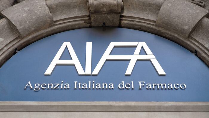 The AIFA (Agenzia Italiana del Farmaco, Italian Medicines Agency) logo at the entrance of the headquarter office in Via del Tritone, Rome, Italy