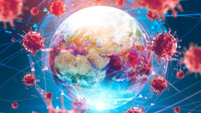 Flu ncov coronavirus over Earth background and its blurry hologram
