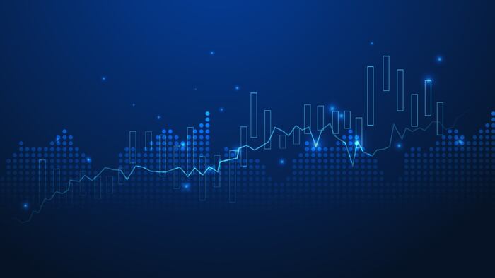 Business candle stick graph chart of stock market investment trading on blue background
