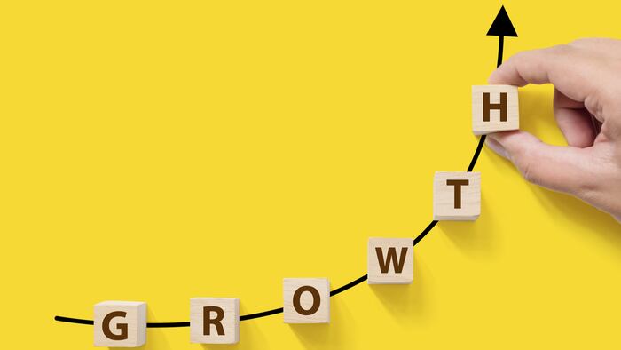 Business success growing growth increase up concept. Wooded cube block on white background with word GROWTH and copy space for your text - Image