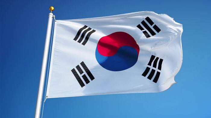 South Korea flag waving against clean blue sky, close up, isolated with clipping path mask alpha channel transparency