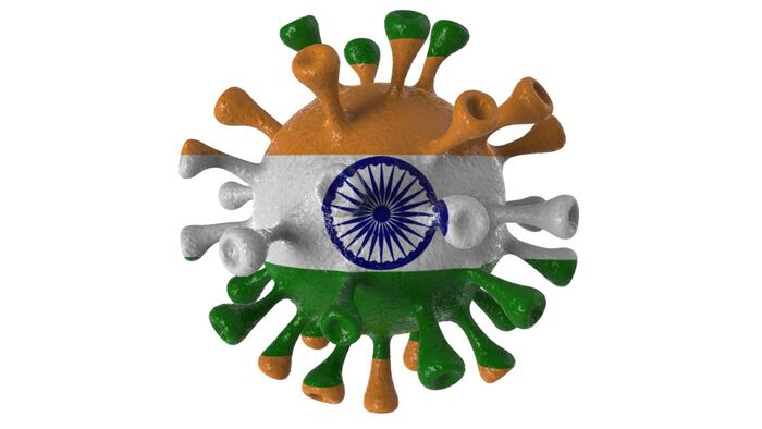Covid India and indian variant isolated on white background, covid-19 virus with flag.