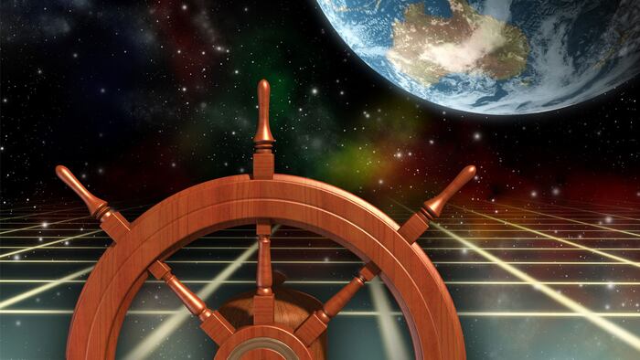 Ship wheel, exploring new frontiers. Digital illustration. - Illustration