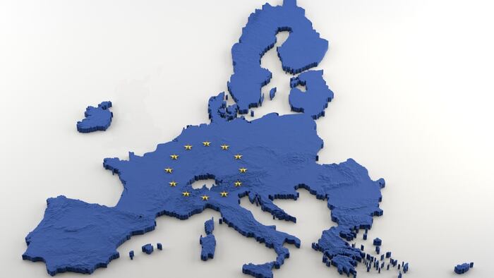 Extruded political Map of European Union with relief without United Kingdom after anticipated Brexit