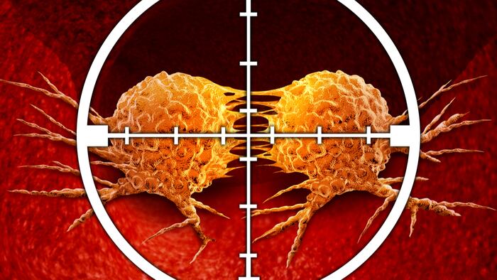 Treatment for malignant cancer cells in a human body caused by environmental carcinogens and genetics as a target aiming at the cancerous cell as an immunotherapy therapy as a 3D illustration.