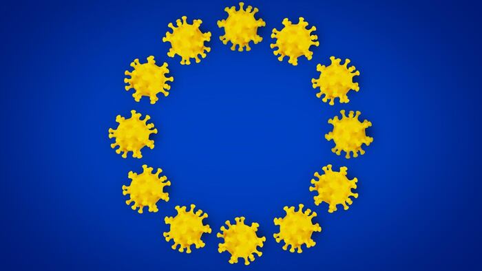 Corona Virus symbol on blue yellow european union EU flag europe background. Cornavirus COVID-19 global outbreak pandemic epidemic medical concept.