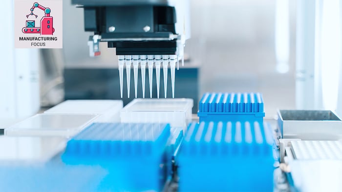 Pipetting in the laboratory (with Manufacturing Focus logo)