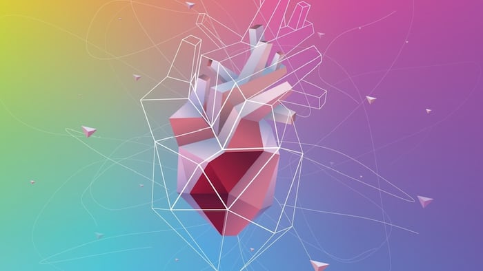 3D illustration of a human heart presented in geometric shapes consisting of white lines scattered around its periphery
