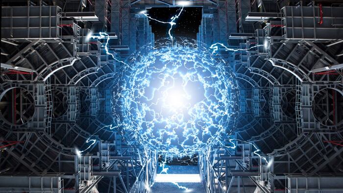 Conceptual high tech power plant thermonuclear or nuclear reactor, including elements of fusion space stations, electricity production, microwave components.