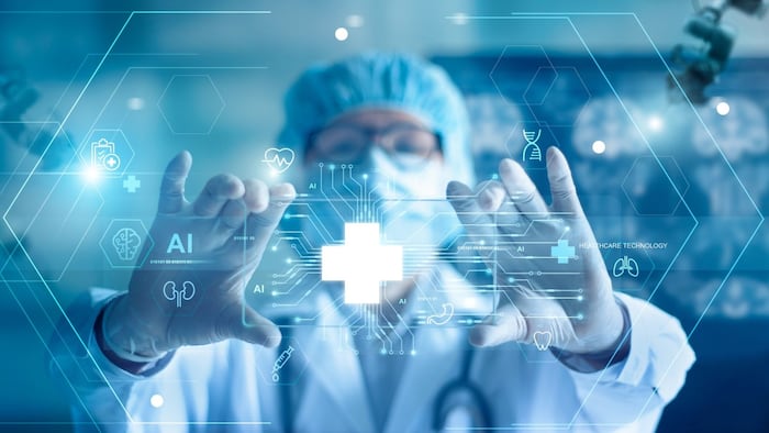 Medical technology, doctor use AI robots for diagnosis, care, and increasing accuracy patient treatment in future. Medical research and development innovation technology to improve patient health.