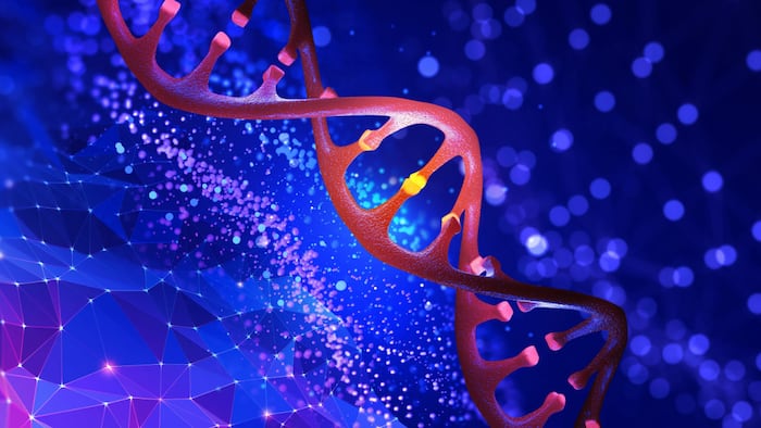 DNA helix 3D illustration. Mutations under microscope. Decoding genome.