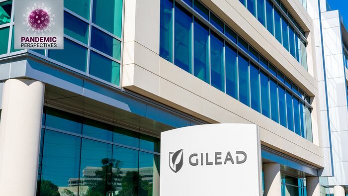 Gilead sign at headquarters. Gilead Sciences announced plans to test a treatment for COVID-19, disease caused by growing coronavirus outbreak - Foster City, California, USA - 2020