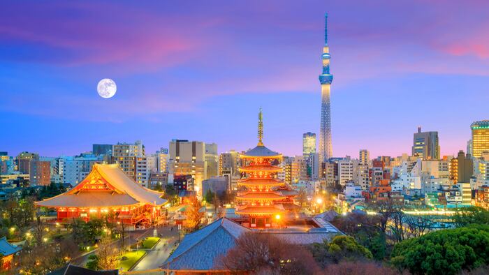 View of Tokyo skyline with Senso-ji Temple