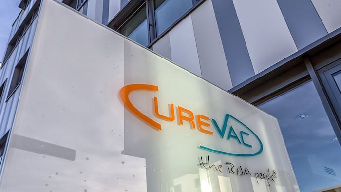 TUEBINGEN, GERMANY - NOVEMBER 21: (BILD ZEITUNG OUT) the Logo of Curevac is seen on a sign in front of the CUREVAC building on November 21, 2020 in Tuebingen, Germany.