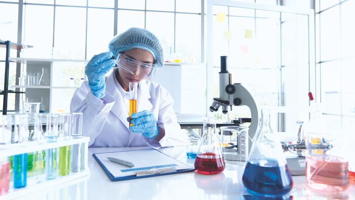 science medical use technology medicine lab in hospital. scientist doing some research vaccine anti virus covid-19 sample.medicine pharmacy flu treatments antivirus working ware glass safty labtest