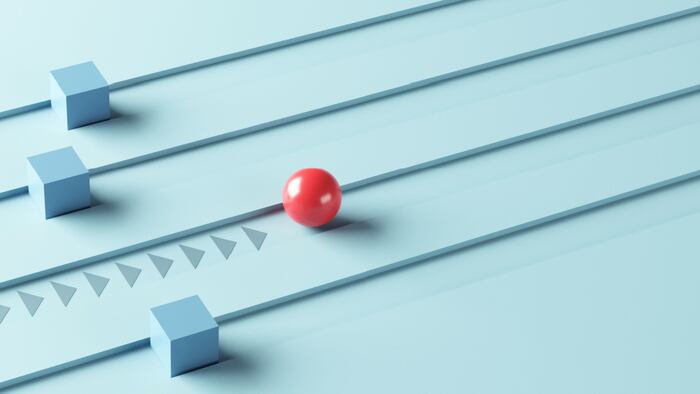 Leadership concept, One leader red sphere leads other boxes