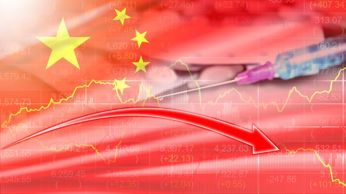 China Shanghai stock market crisis red price arrow down chart fall. The concept dependence of economic decline on spread disease. Business analytic infographics. Coronavirus 2019-nCov. Pandemic virus