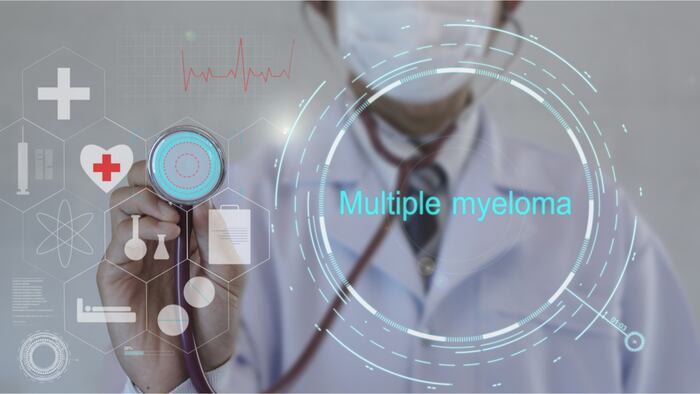 Doctor using stethoscope on Multiple myeloma and medicine background. Futuristic technology. data hologram healthy