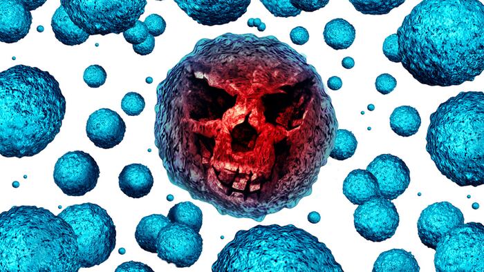 Superbug strain bacteria concept as a killer microbe shaped as a death skull face as a symbol for MRSA medical healthcare risk and antimicrobial health hazard as a 3D illustration on white. - Illustration