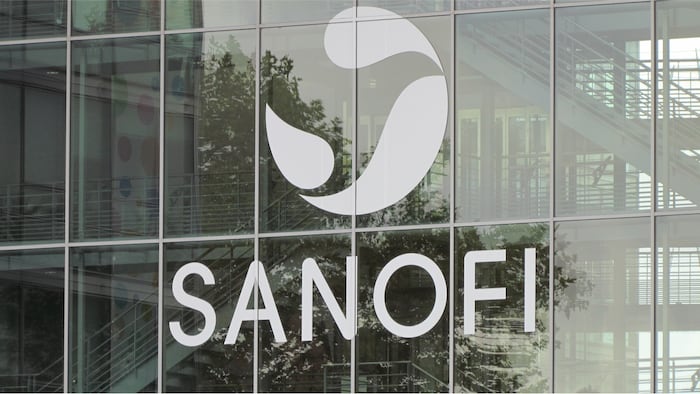 Lyon France, 3 October 2017: White logo of the french multinational pharmaceutical company Sanofi on their glass office building in Lyon France - Image