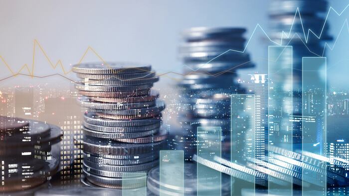 Double exposure of graph and rows of coins for finance and business concept - Image
