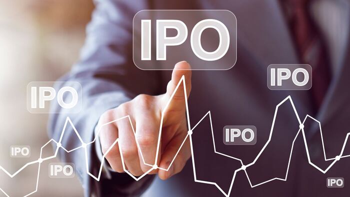 Businessman presses button ipo Initial Public Offering diagram online network. - Image